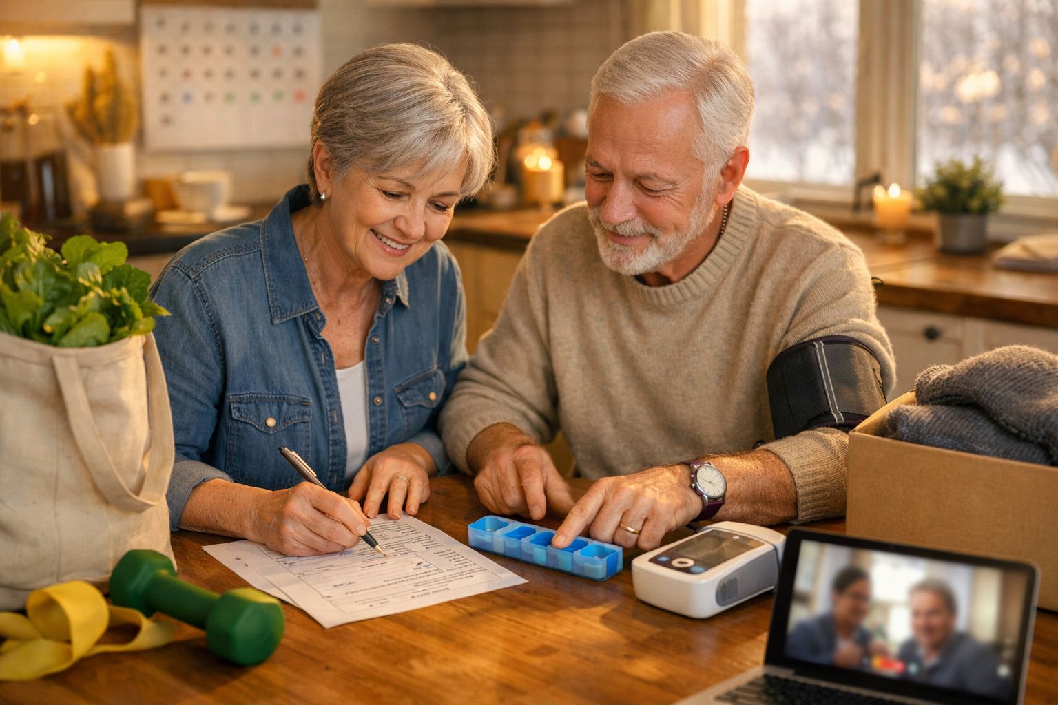 Um casal de idosos organizando comprimidos na cozinha, com um medidor de pressão e um formulário na mesa.
