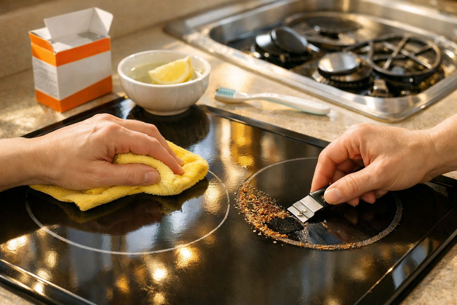 Duas pessoas limpam um fogão de vitrocerâmica; uma com pano amarelo e outra com raspador removendo sujidade.