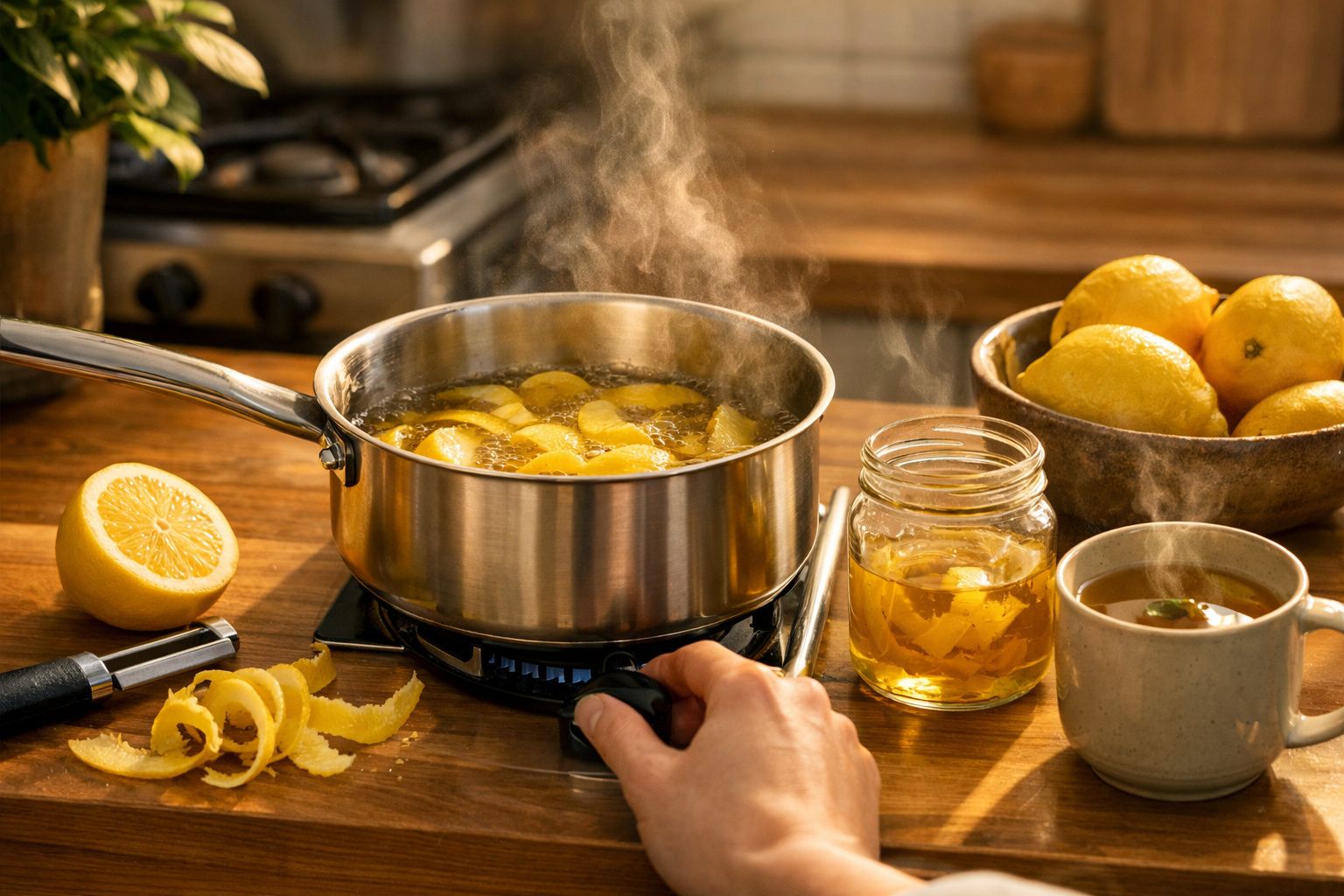 Mão ajusta o fogão enquanto fatias de limão fervem numa panela; jarro, caneca e limões ao fundo.