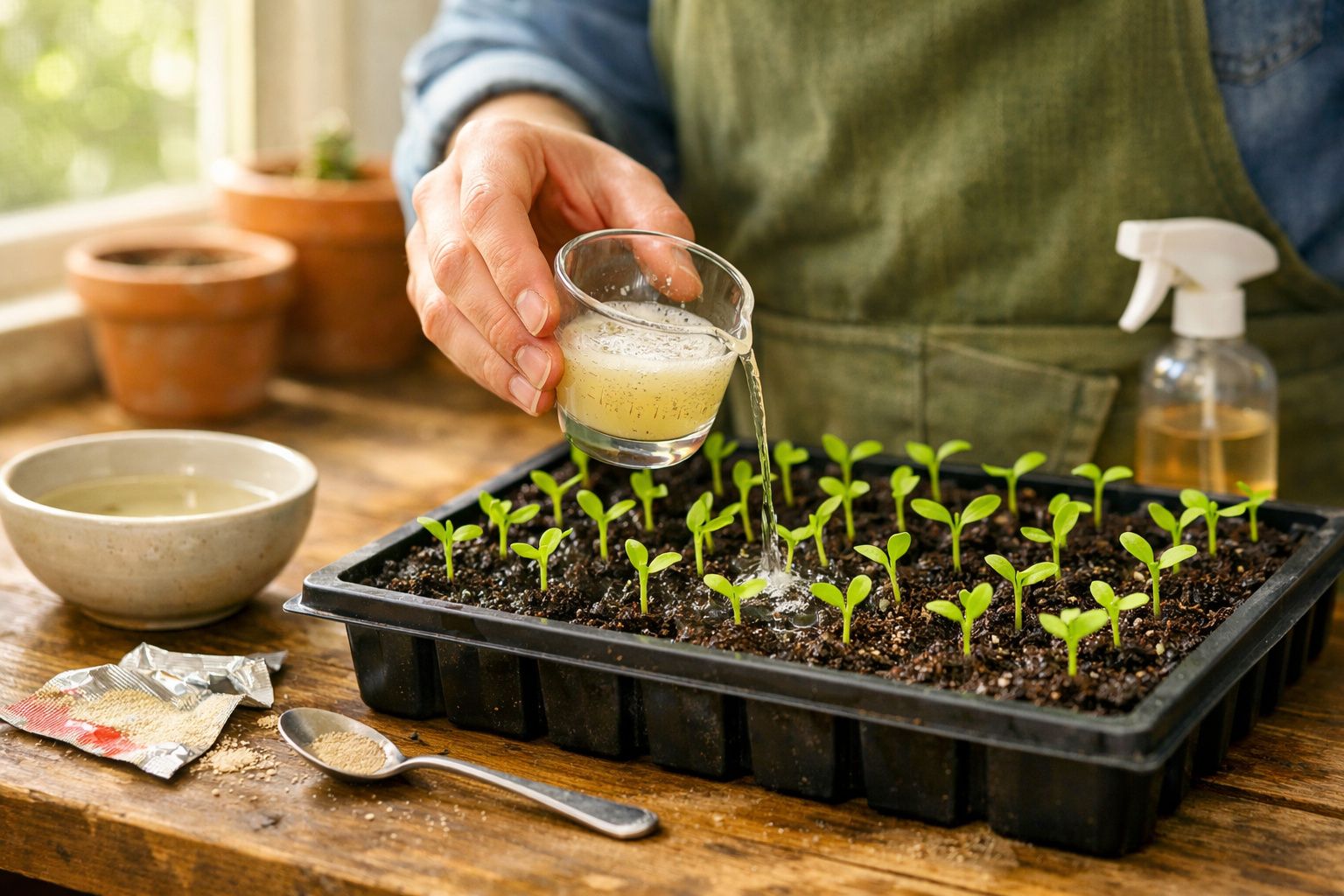 Pessoa a regar mudas verdes numa bandeja com um copo de fertilizante, num cenário de jardinagem interior.