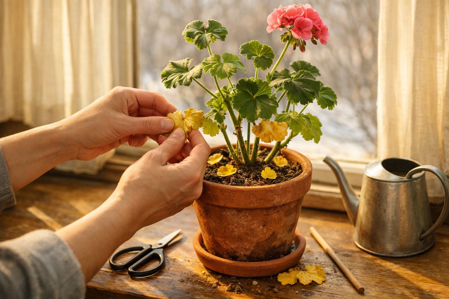 Mãos retiram folhas secas de um vaso de flores junto a uma janela, com regador e tesoura ao lado.