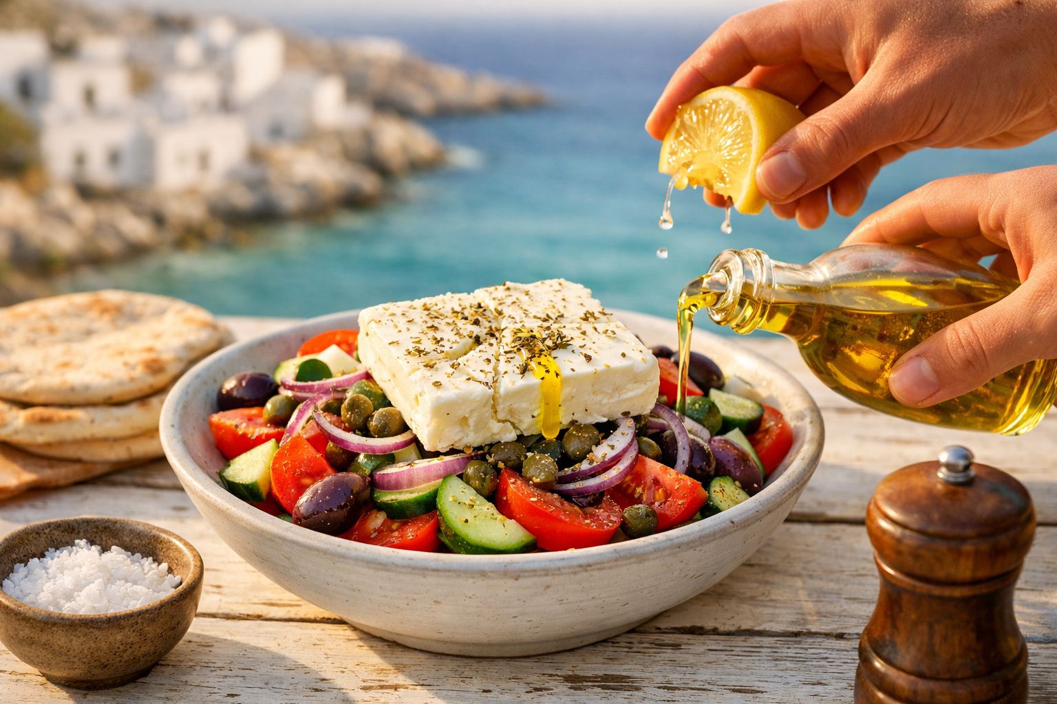 Salada grega com queijo feta, pepino e azeitonas, temperada com limão e azeite, servida ao ar livre junto ao mar.