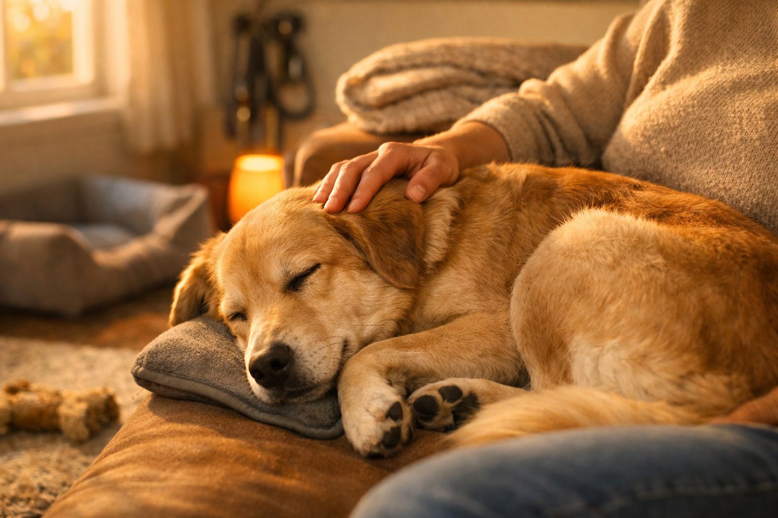Cão dourado a dormir no sofá, acariciado por pessoa à luz suave de uma sala.