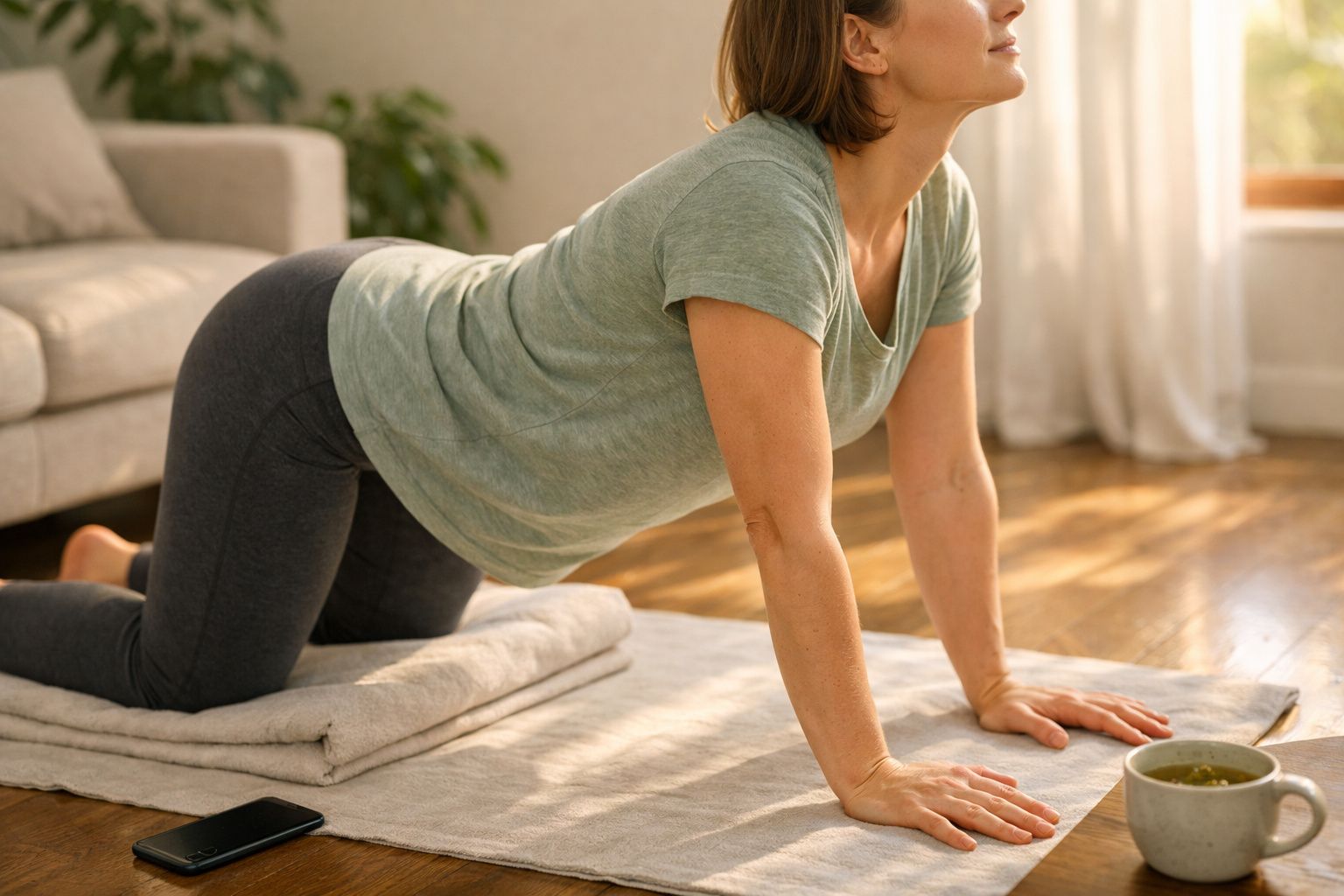 Mulher a praticar ioga em casa, numa pose de alongamento, sobre um tapete claro no chão de madeira.