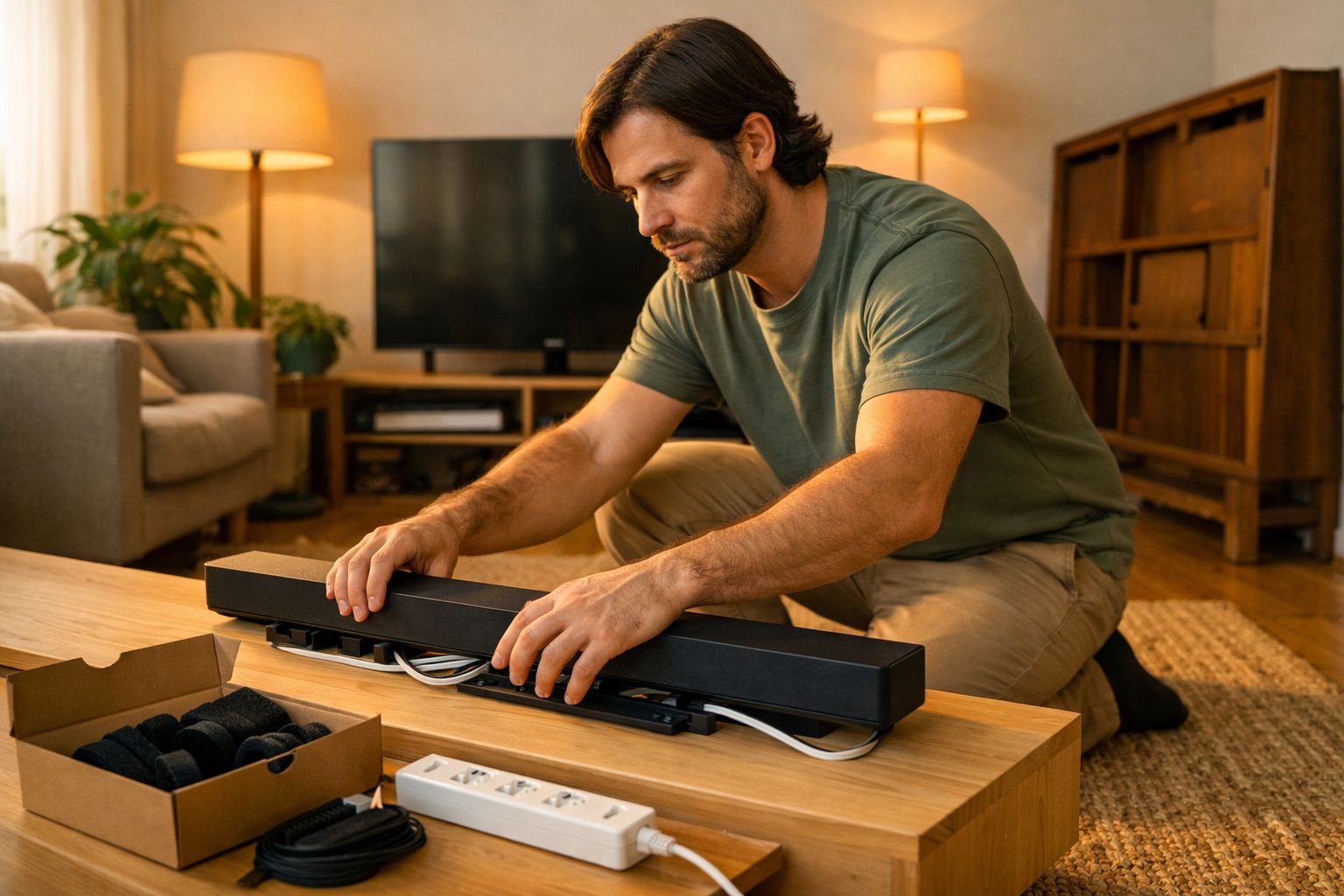 Pessoa a arrumar cabos numa cesta enquanto outra move um armário numa sala de estar acolhedora.