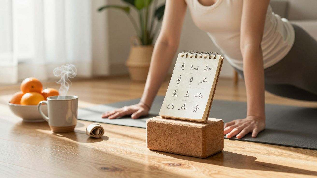 Mulher a fazer yoga num tapete, com bloco de yoga e chávena ao lado.