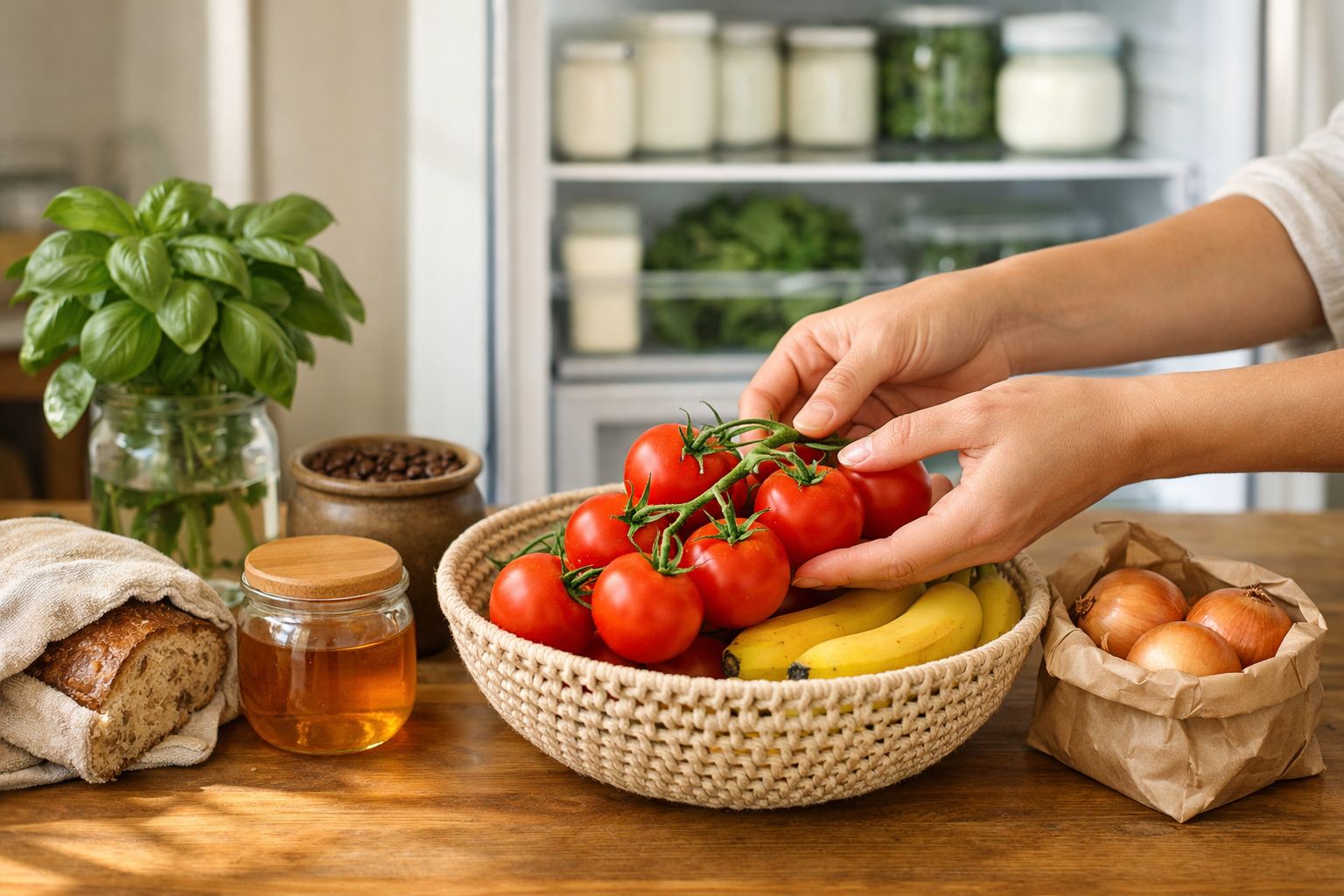 Mãos arrumam tomates em cesto com bananas. Ao lado, pão, mel, vaso de manjericão, cebolas e café num balcão de cozinha.