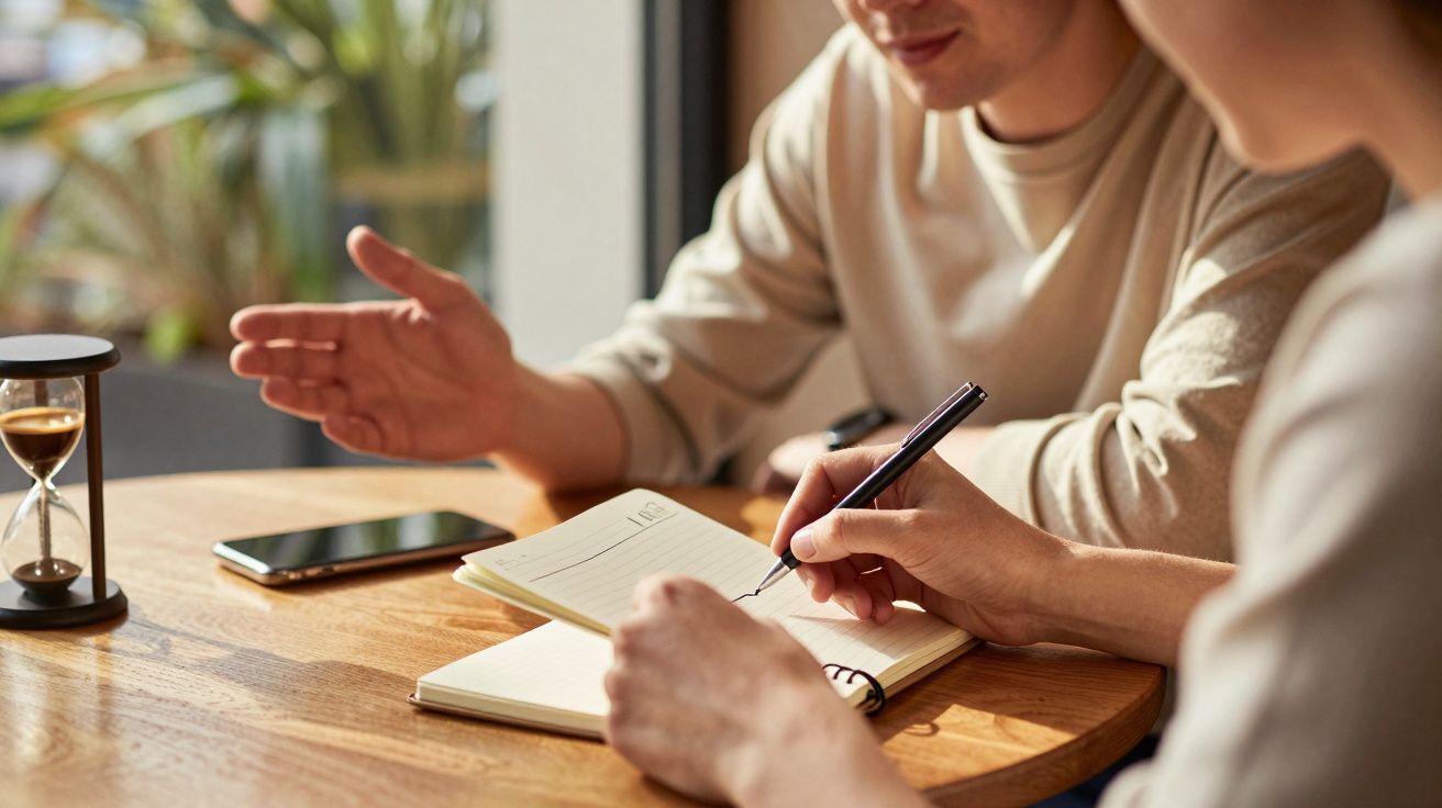 Duas pessoas à mesa, uma delas escrevendo num bloco de notas. Ampulheta e telemóvel sobre a mesa.