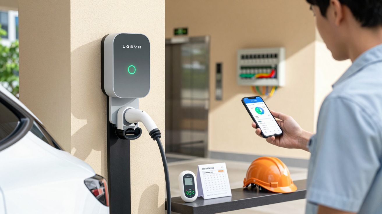 Homem verifica aplicação no telemóvel enquanto carro elétrico carrega numa estação com capacete e calendário ao lado.