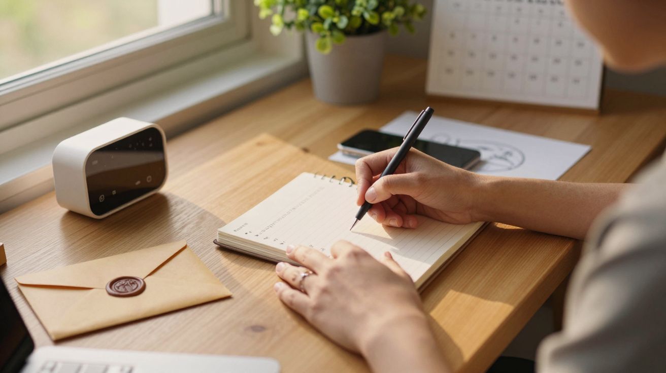 Pessoa escreve em caderno numa secretária junto à janela, com envelope, relógio e telemóveis ao lado.