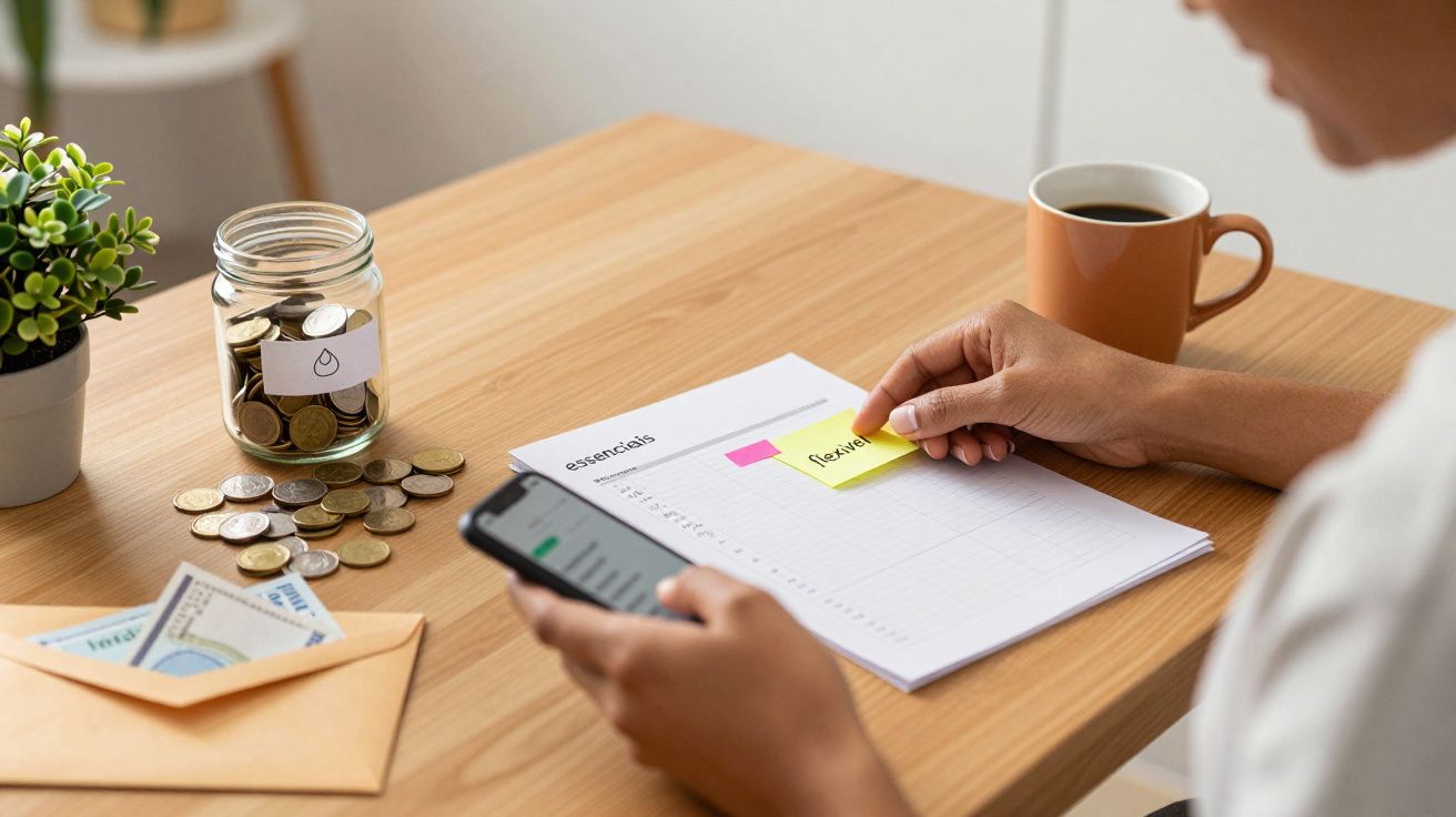 Pessoa a gerir finanças em casa, com jarro de moedas, notas, telemóvel e lista de tarefas numa mesa de madeira.