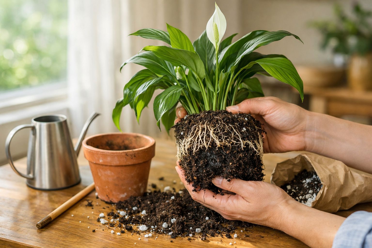 Duas mãos replantam uma planta com raízes aparentes para um vaso de cerâmica; regador e terra ao lado.