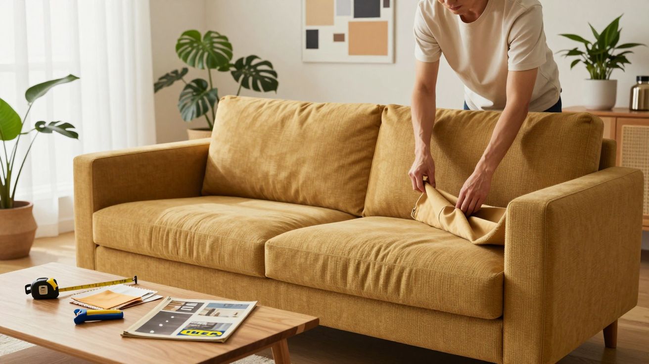 Pessoa arruma almofada num sofá amarelo numa sala com plantas, mesa de centro e quadros na parede.