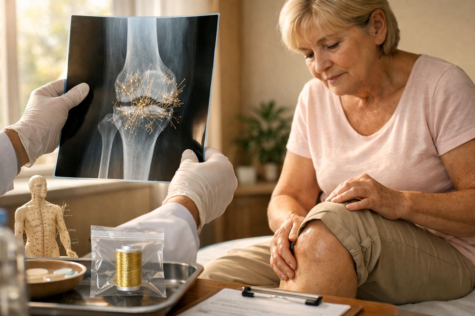 Médico mostra raio-X de joelho a uma mulher idosa sentada, com mão no joelho, num consultório médico.