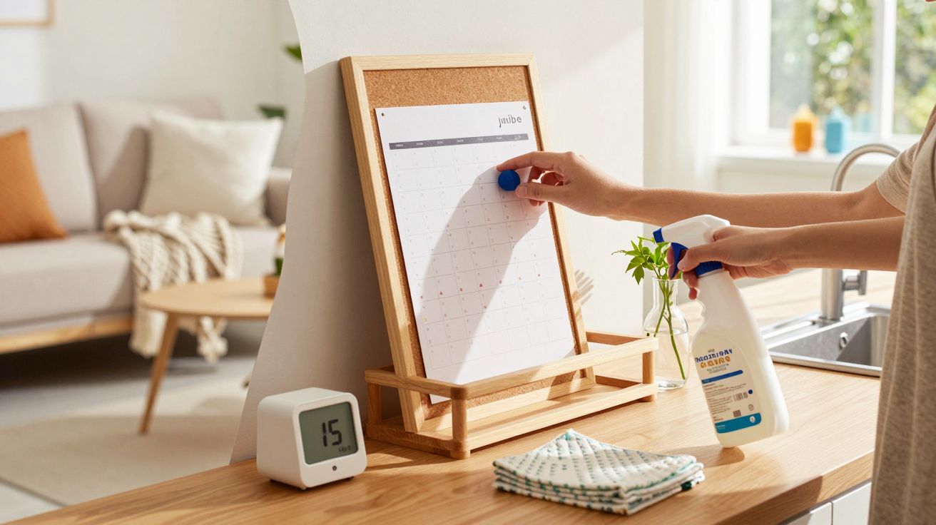 Pessoa a reorganizar um quadro de calendário em bancada de cozinha, com spray de limpeza e pano. Sala ao fundo.