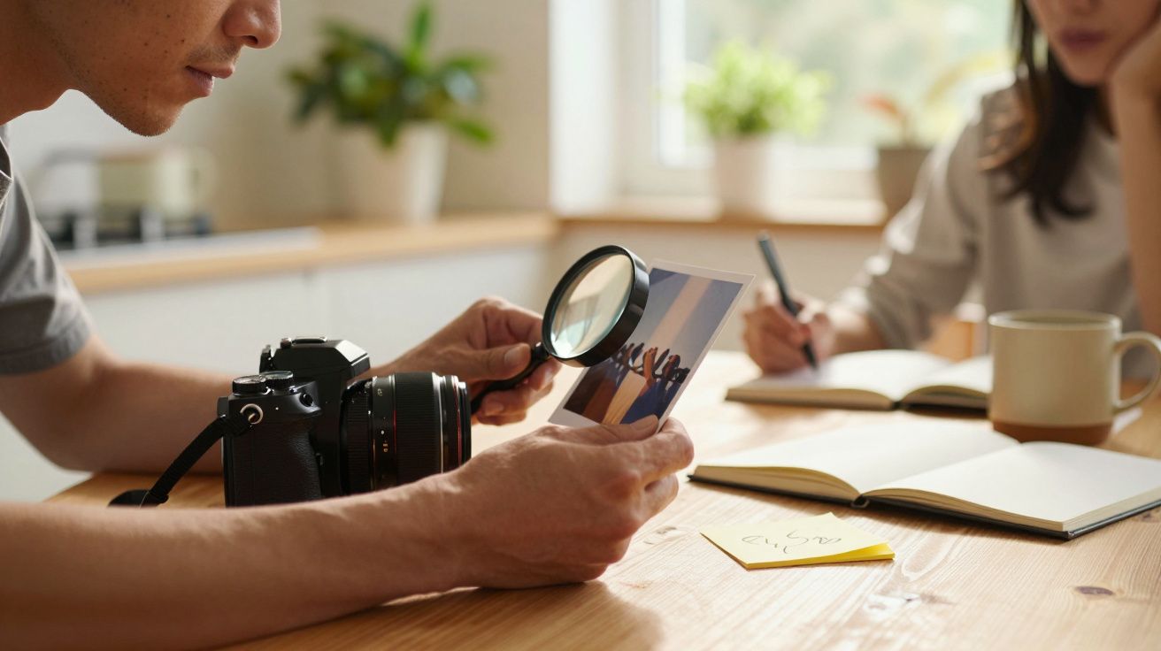 Homem observa foto com lupa, câmara ao lado. Mulher escreve em caderno com chá na mesa. Ambiente iluminado.