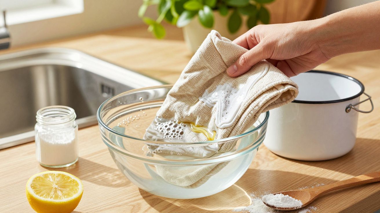 Mão segurando pano com sabão em tigela de vidro; limão e pó branco na bancada ao lado de pia.