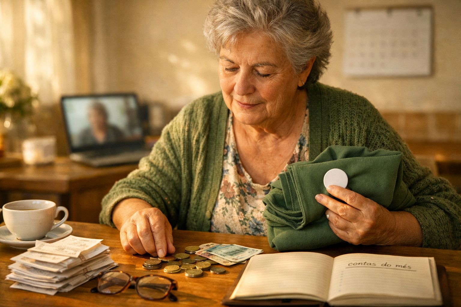 Mulher idosa contando moedas na mesa com chávena, caderno e computador ao fundo.