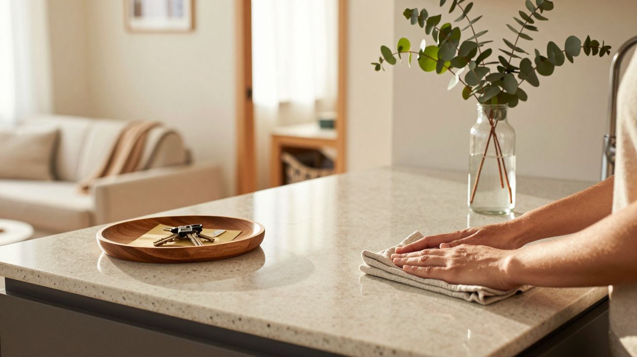 Mãos limpando bancada de cozinha com vaso de folhas verdes e prato com chaves ao lado. Sala ao fundo iluminada.