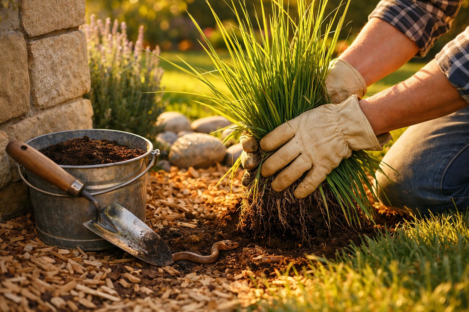 Pessoa a plantar ervas com luvas de jardinagem, ao lado de um balde e uma pá num jardim ensolarado.
