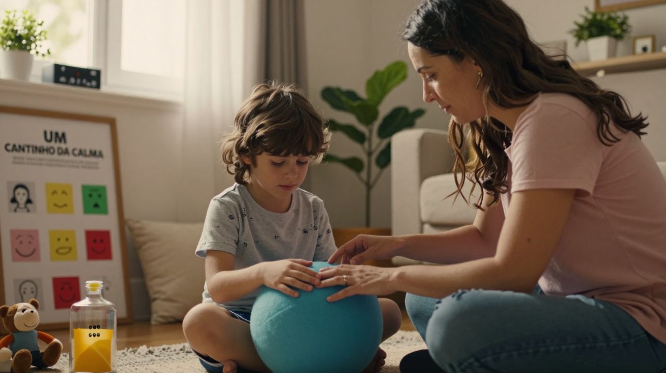 Mulher e criança em casa, sentados no chão, interagindo com uma bola azul. Ao fundo, brinquedos e um quadro de emoções.