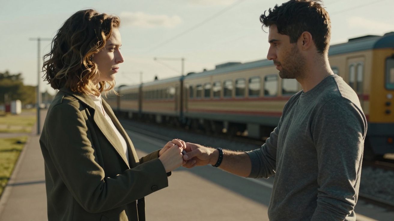 Homem e mulher de mãos dadas numa estação de comboios, com vagões ao fundo e o céu azul claro.