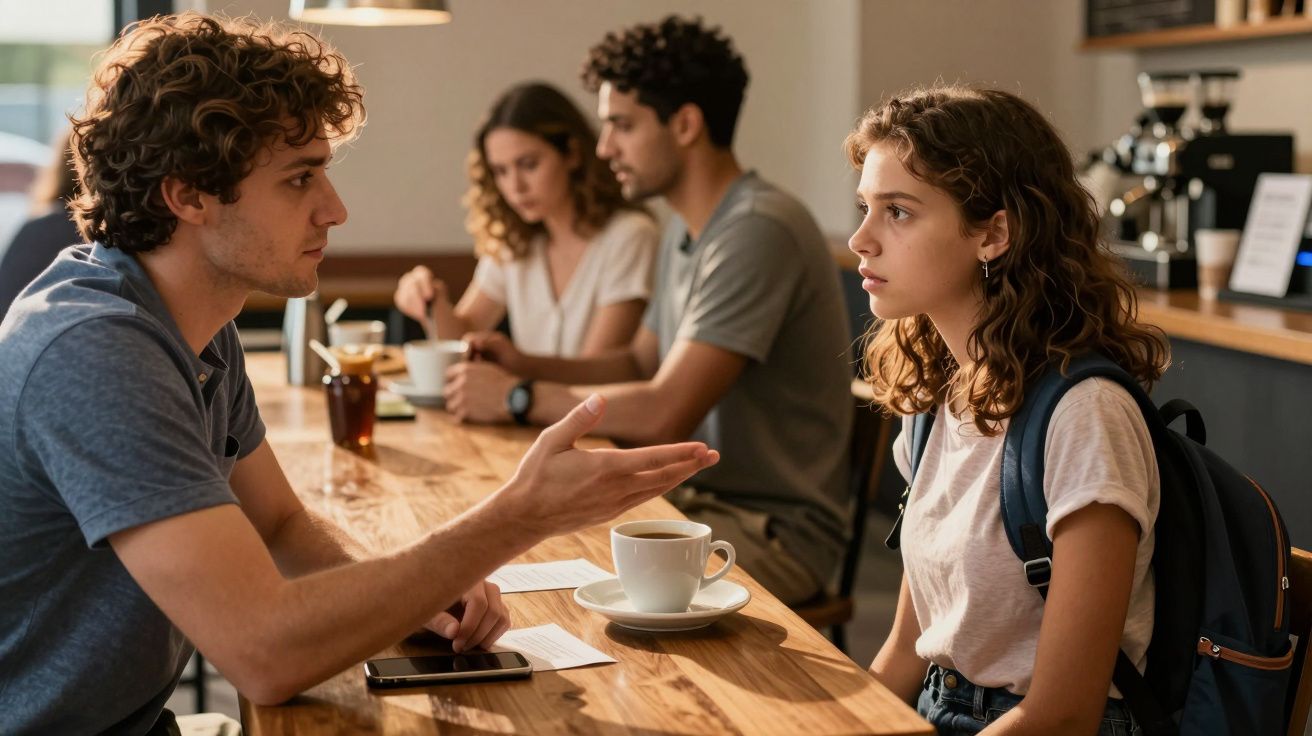 Dois jovens conversam seriamente numa cafetaria, com bebidas quentes e telemóvel sobre a mesa. Outras pessoas ao fundo.
