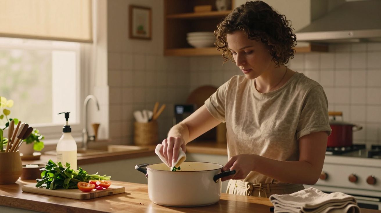 Mulher a cozinhar numa cozinha iluminada, a adicionar ingredientes a uma panela branca sobre o balcão de madeira.