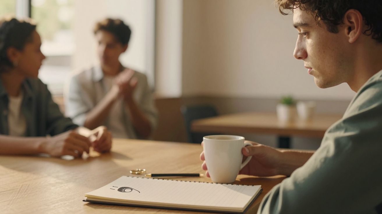 Homem sentado segurando uma caneca, olhando para caderno com desenho de olho, enquanto duas pessoas conversam ao fundo.