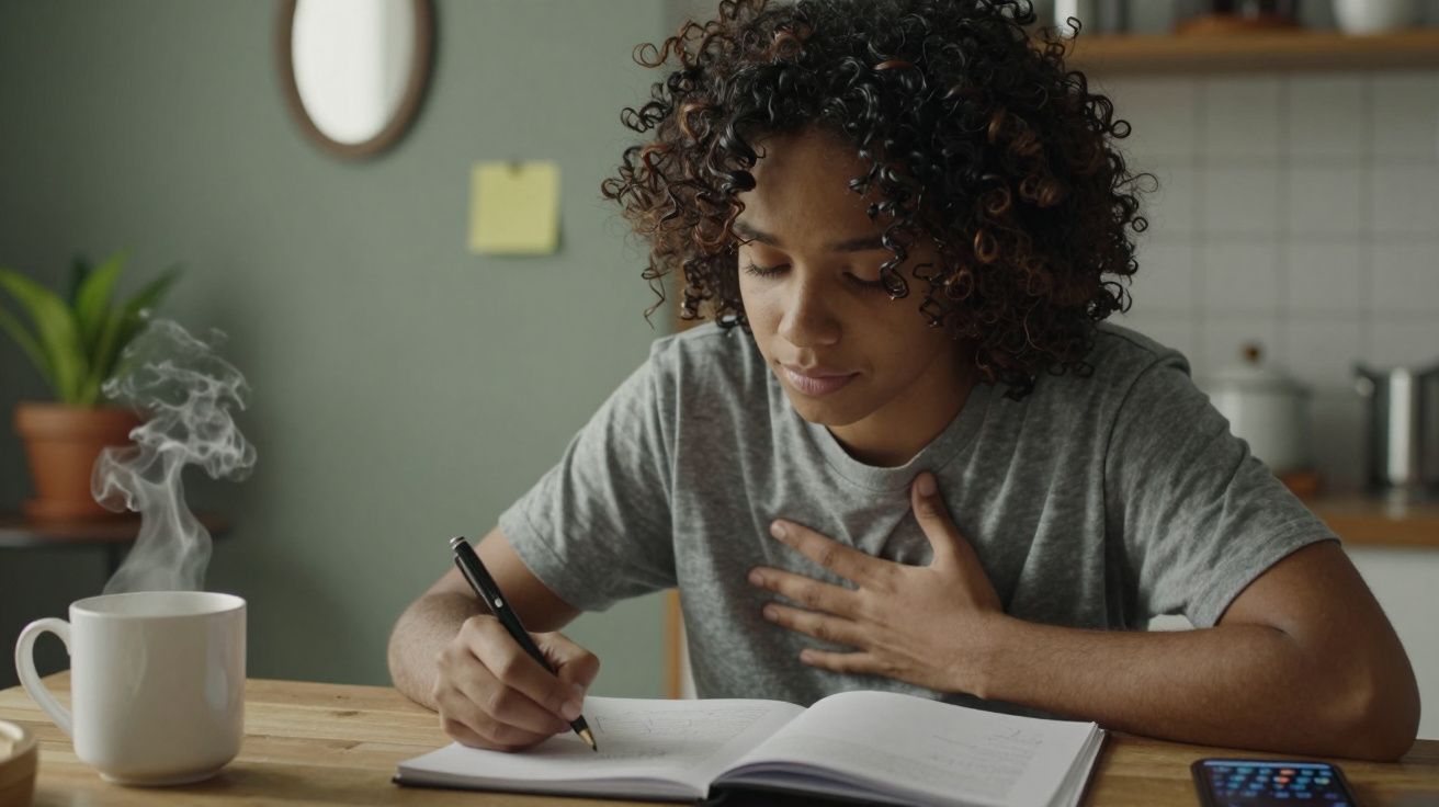 Jovem sentado à mesa, a escrever num caderno com uma mão no peito. Há uma caneca de café ao lado.