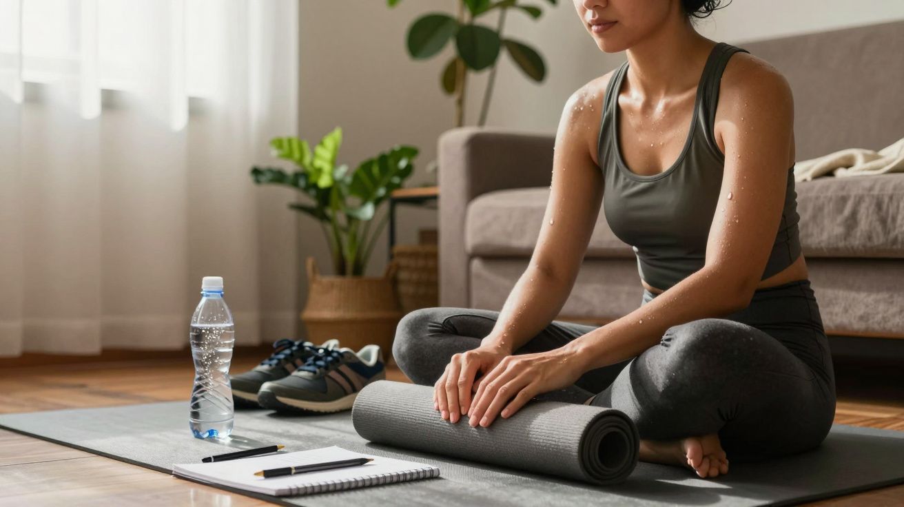 Mulher em roupa de treino sentada num tapete de ioga, segurando-o. Ao lado, água, ténis e caderno numa sala iluminada.