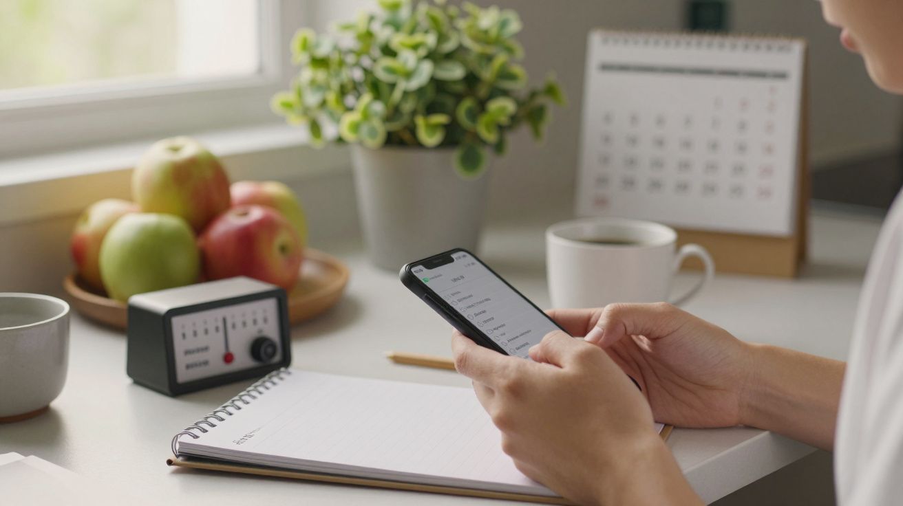 Pessoa a usar smartphone numa mesa com folhas, maçãs, planta, chávena de café e calendário ao fundo.