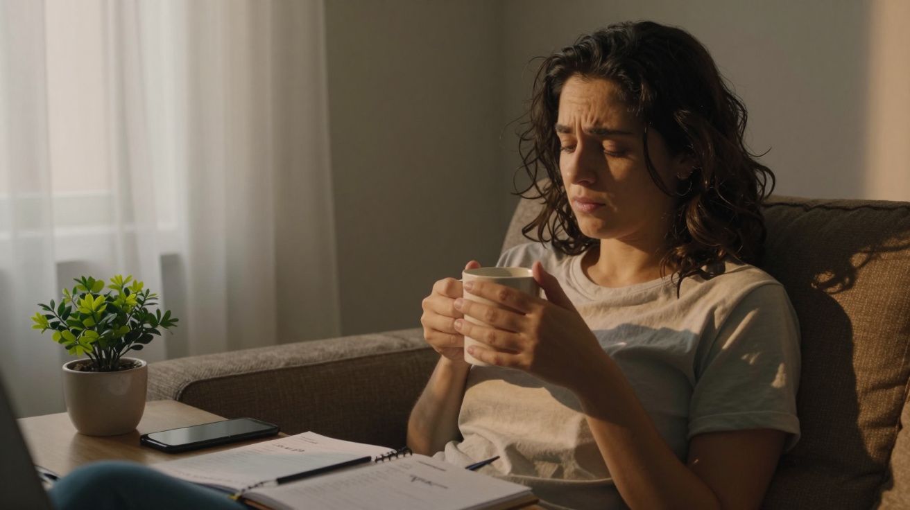 Mulher sentada no sofá com expressão cansada, segurando uma caneca. Ao lado, caderno e telemóvel sobre a mesa.