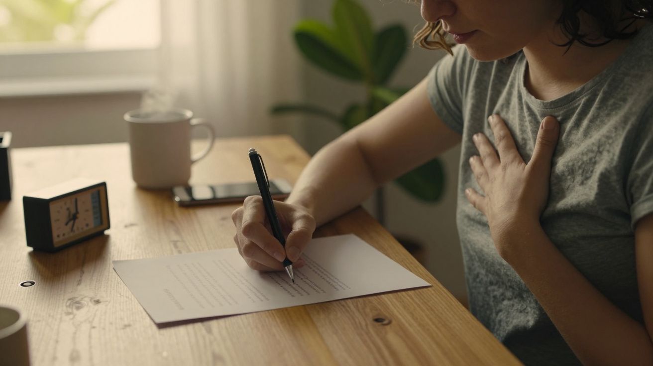 Pessoa sentada a escrever à mão em papel sobre mesa de madeira, com chávena e relógio ao fundo.