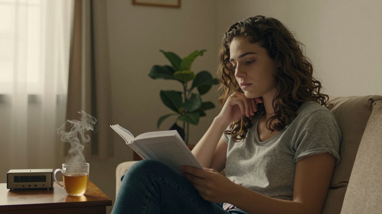 Mulher sentada a ler um livro no sofá com uma chávena de chá fumegante na mesa ao lado.