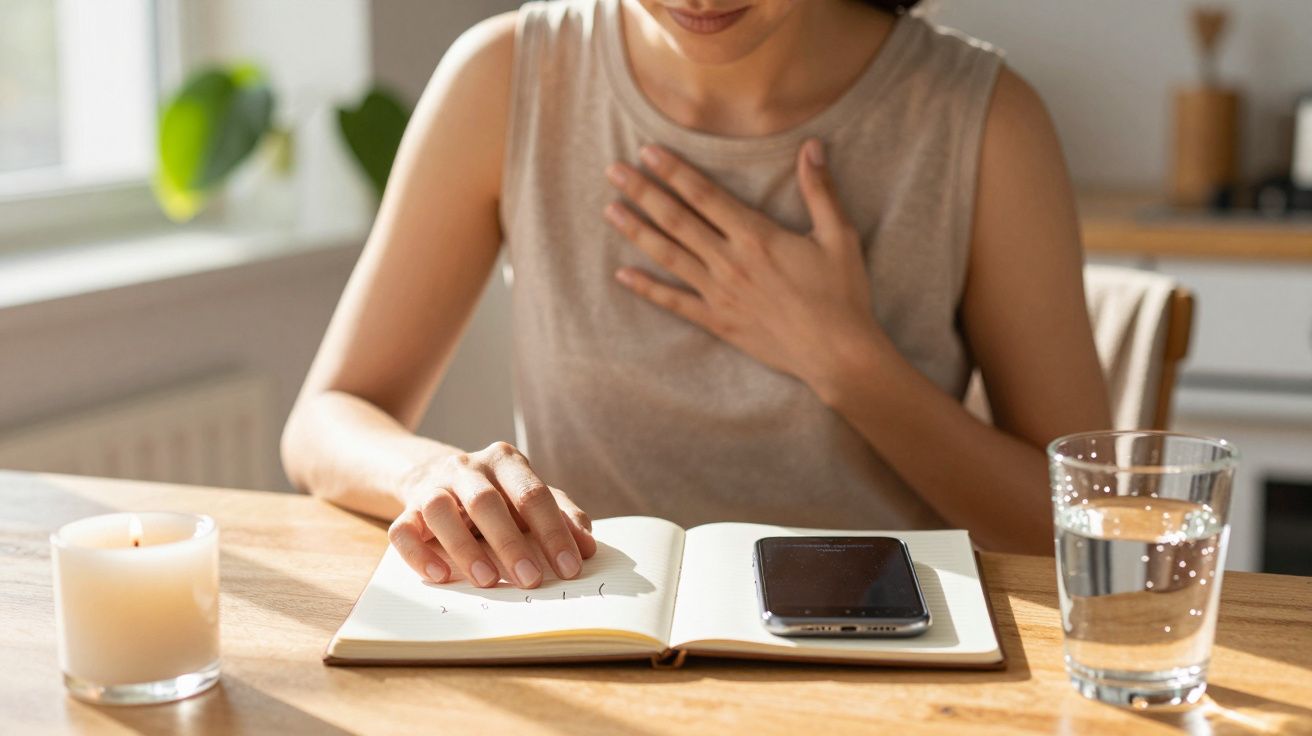 Mulher sentada à mesa com livro aberto e telemóvel, mão no peito, em ambiente iluminado e sereno.