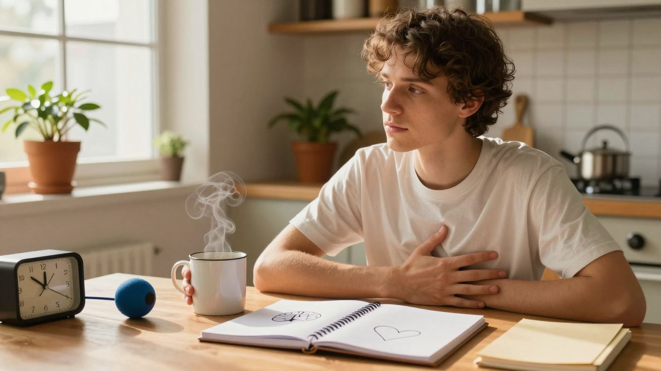 Jovem sentado à mesa, olhando pela janela, com chávena fumegante, bloco de notas com desenhos e plantas ao fundo.