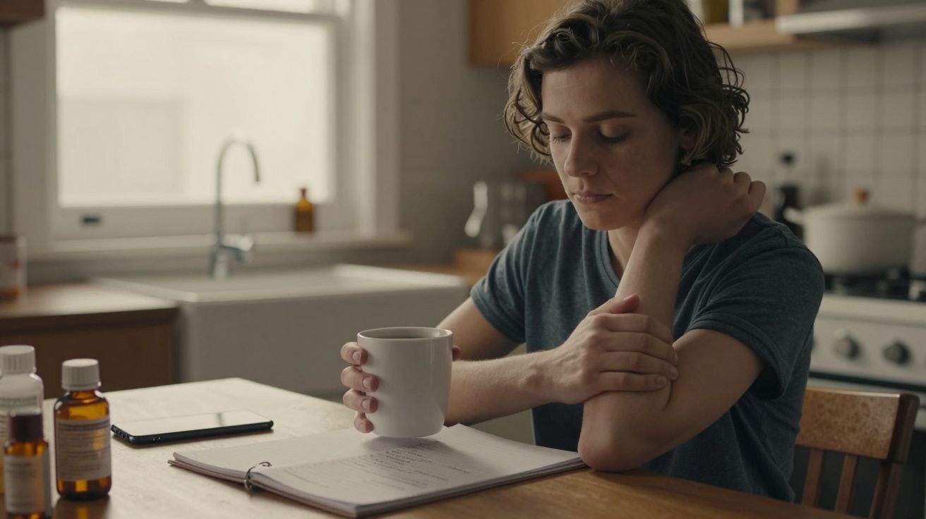 Pessoa sentada à mesa, segurando uma caneca, rodeada por medicamentos e um caderno, na cozinha iluminada.