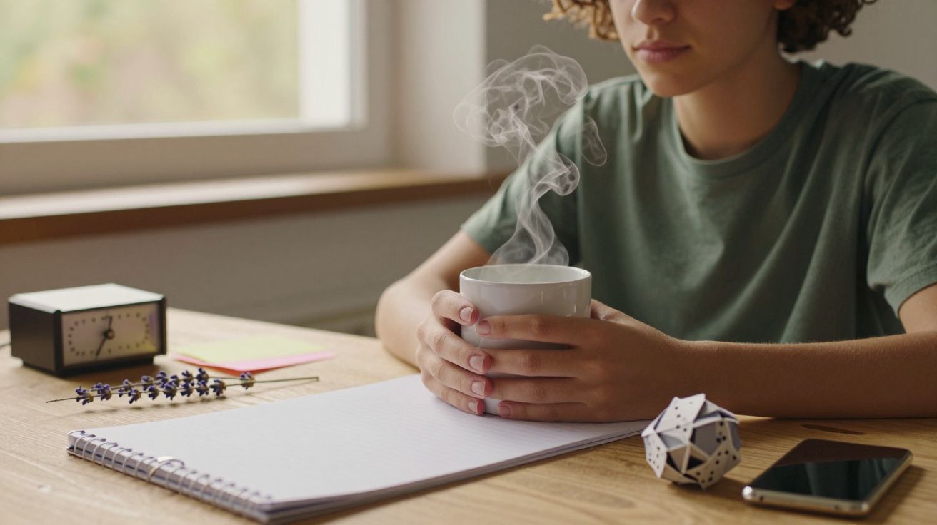 Pessoa segura chá fumegante à mesa, com caderno, relógio, dodecaedro e telemóvel.