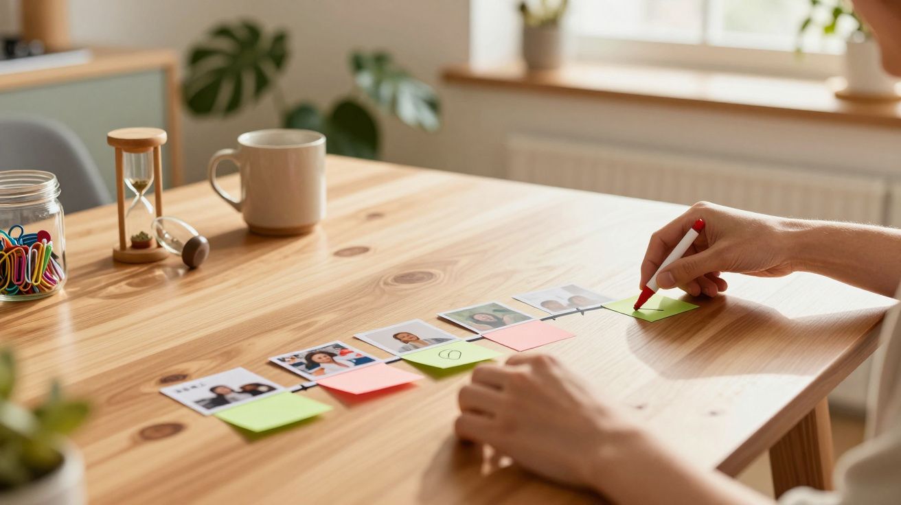 Pessoa organiza notas adesivas e fotos numa mesa de madeira clara, ao lado de uma caneca e ampulheta.