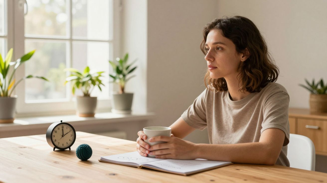 Mulher sentada à mesa com uma chávena, caderno aberto, despertador e plantas ao fundo.