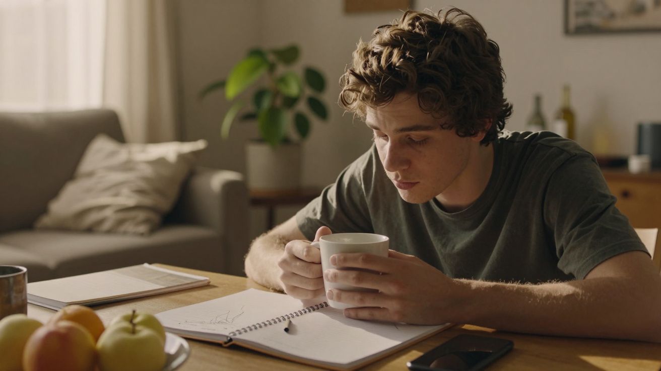 Jovem sentado à mesa com chávena, caderno aberto e fruta em segundo plano, numa sala de estar iluminada.