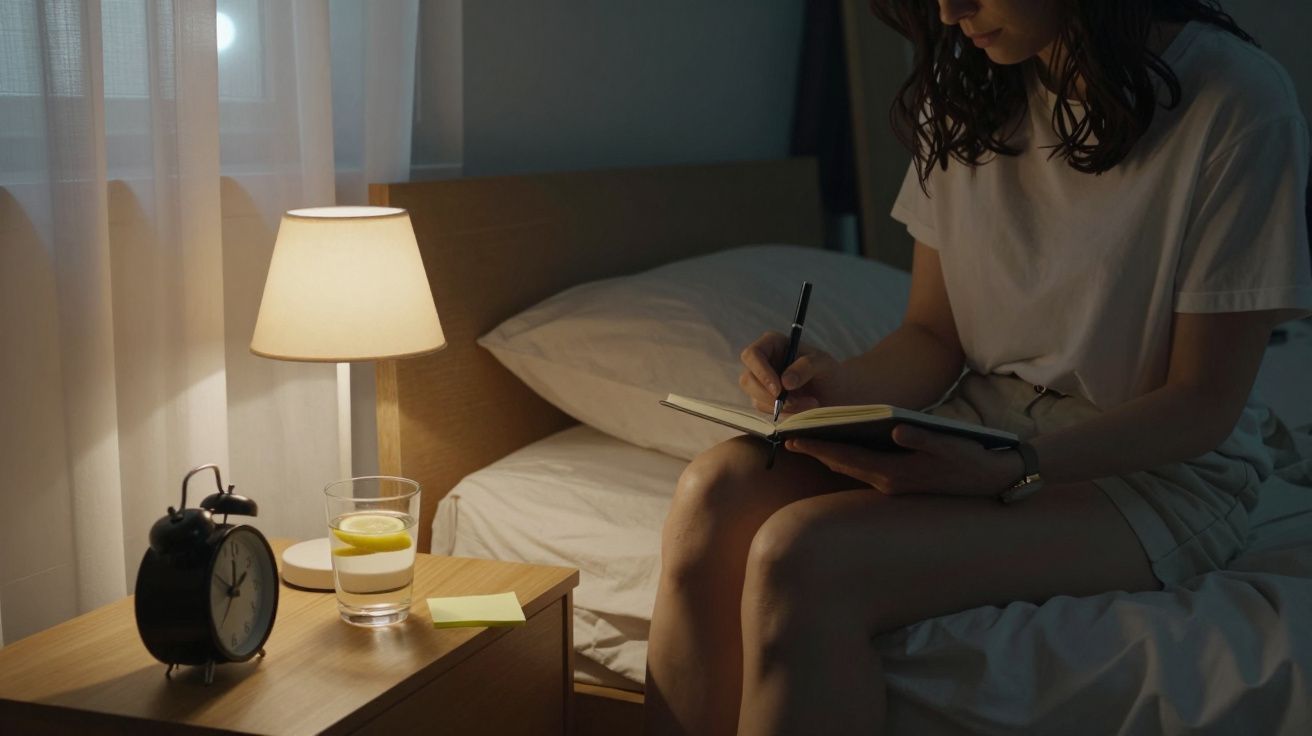 Mulher sentada na cama escrevendo num caderno, com candeeiro, copo de água e despertador na mesa de cabeceira.