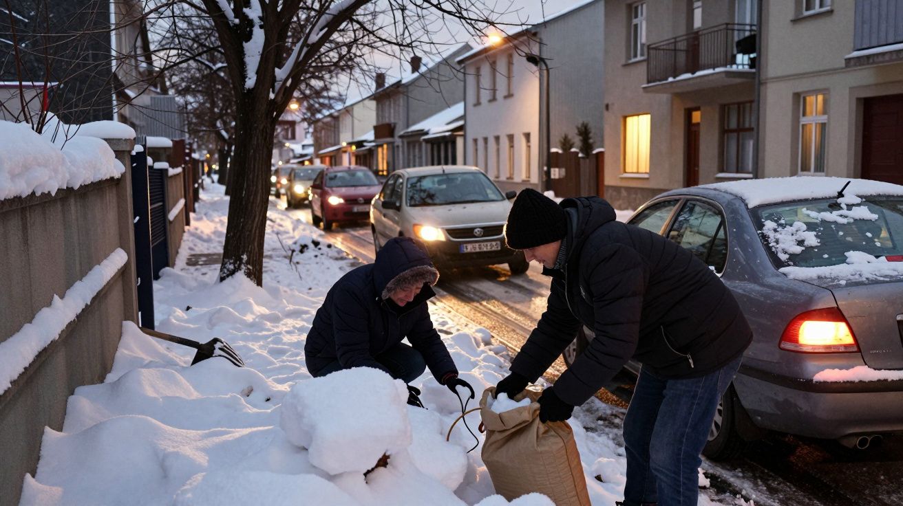 Duas pessoas, vestidas com casacos, retiram neve da calçada numa rua residencial durante o inverno.