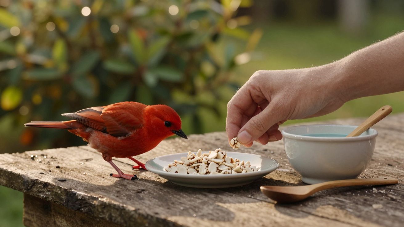 Pássaro vermelho come sementes de um prato num jardim; mão humana adiciona mais sementes.