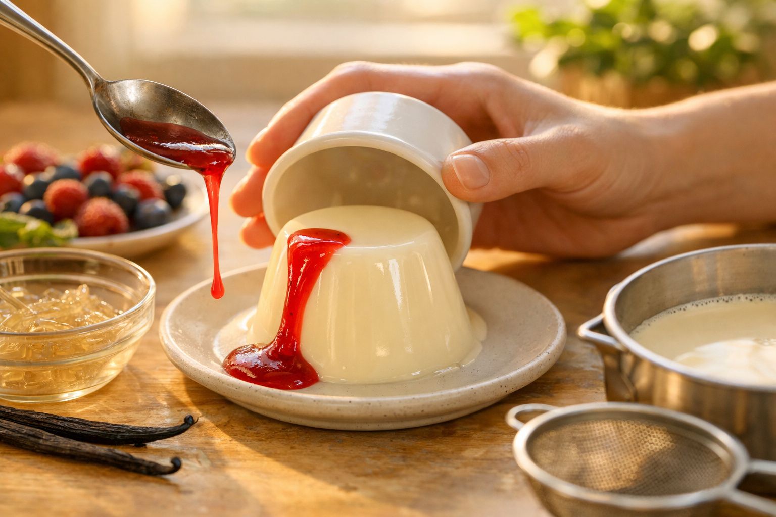 Panna cotta com molho de frutas vermelhas e framboesas num prato branco, sendo desenformada.