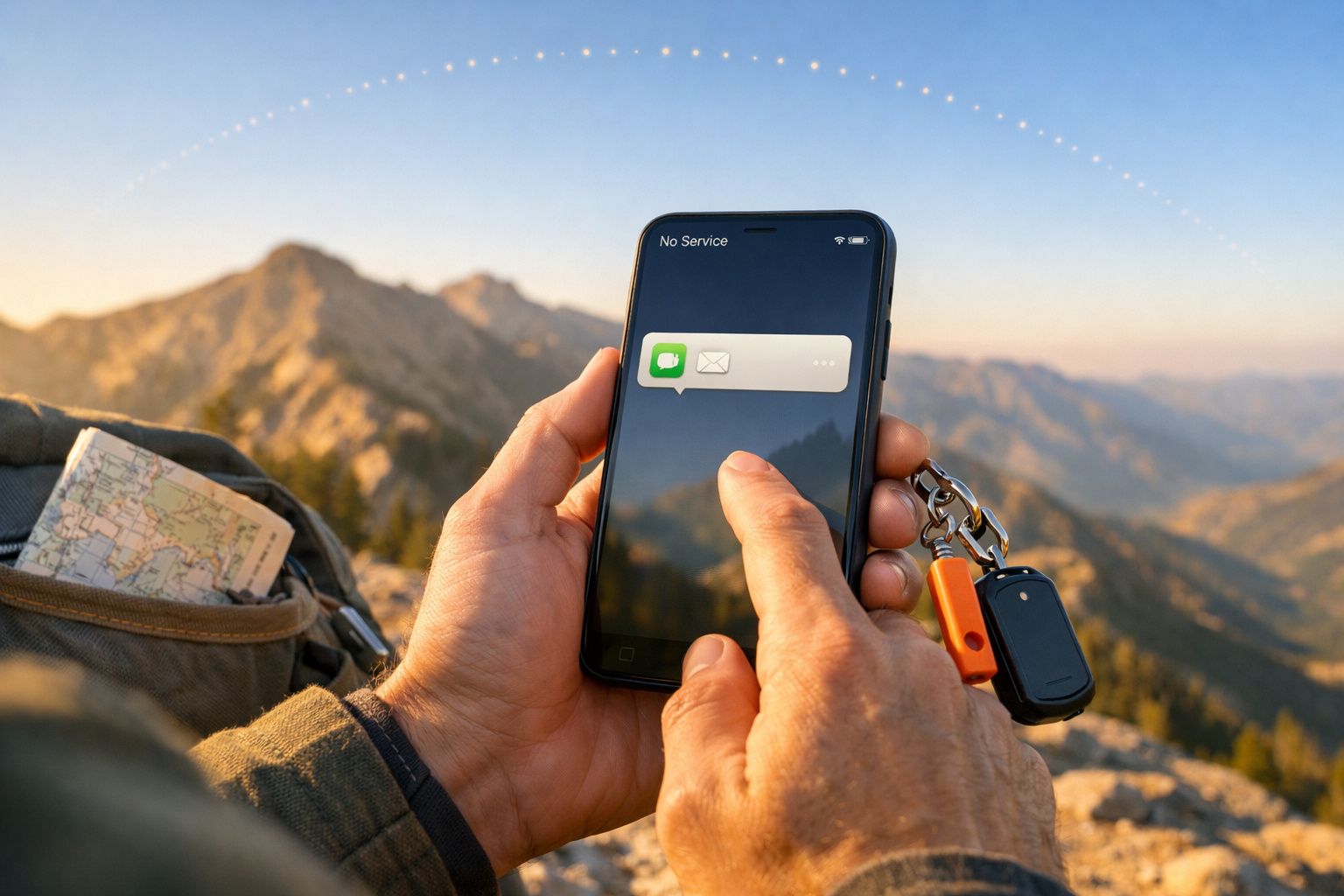 Pessoa usando smartphone sem serviço num cenário de montanha, com mapa na mochila.