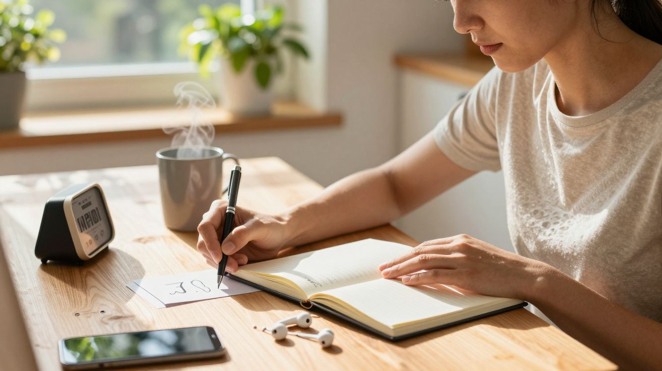 Mulher a escrever num caderno numa mesa, com chávena, relógio, smartphone e plantas ao fundo em ambiente iluminado.