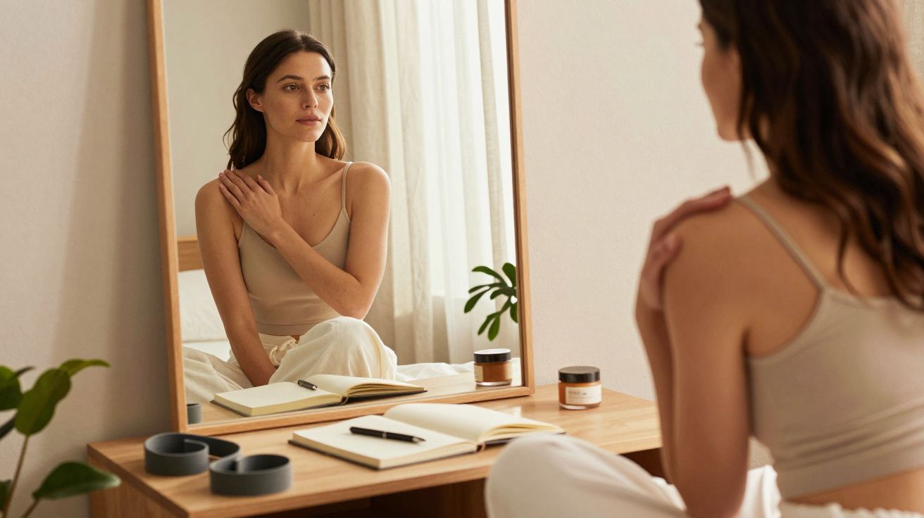 Mulher sentada em frente ao espelho, com caderno e cremes na mesa, olhando para o seu reflexo.