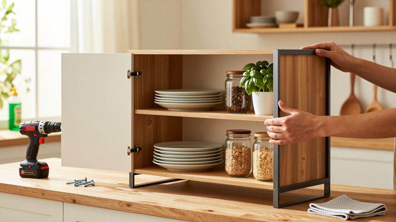 Pessoa montando um armário de madeira com prateleiras, pratos, um vaso e frascos. Berbequim e parafusos na bancada.